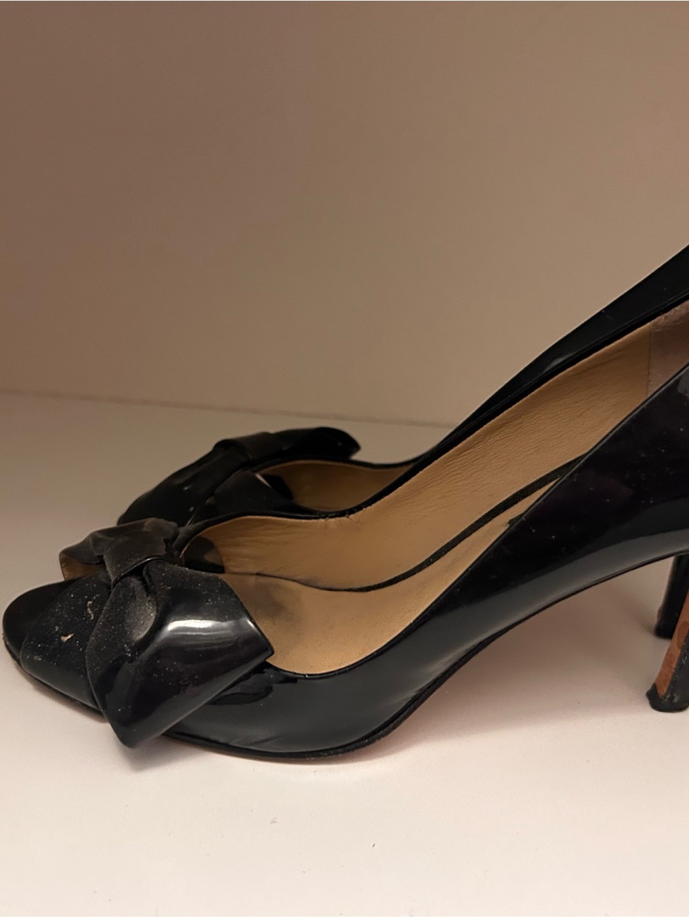 Ann Taylor Black Patent Peep-Toe Heels with Bow Accent
